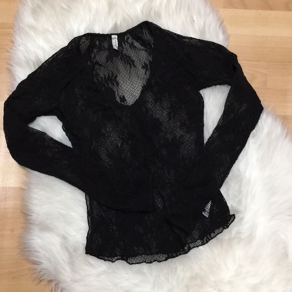 Free People Black Floral Mesh Tee